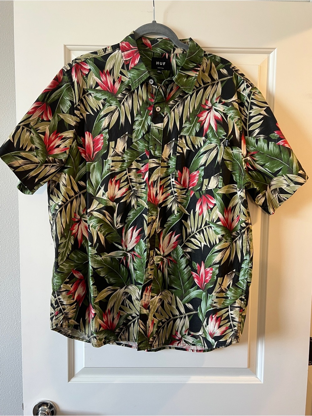 HUF Black Tropical Floral Button-Up Shirt with Green and Red Leaves